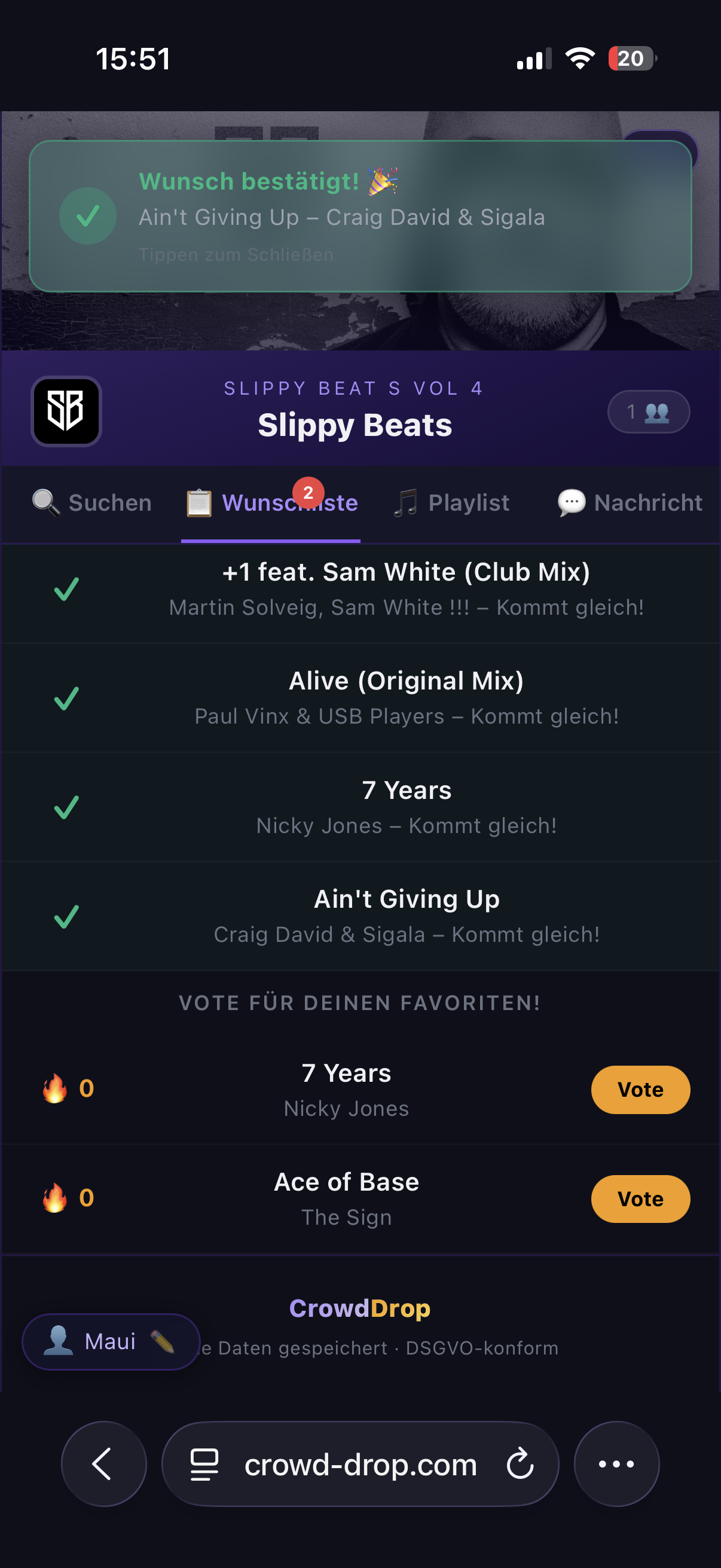 Musikwunsch Bestätigung